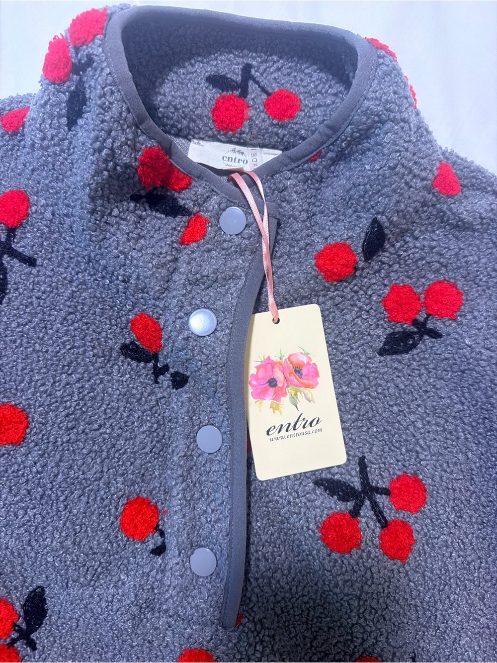 Entro Soft Gray Sherpa Pullover Jacket with Red Cherries, New With Tags
